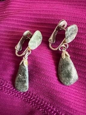 Green Stone Teardrop Clip-On Earrings - Unbranded
